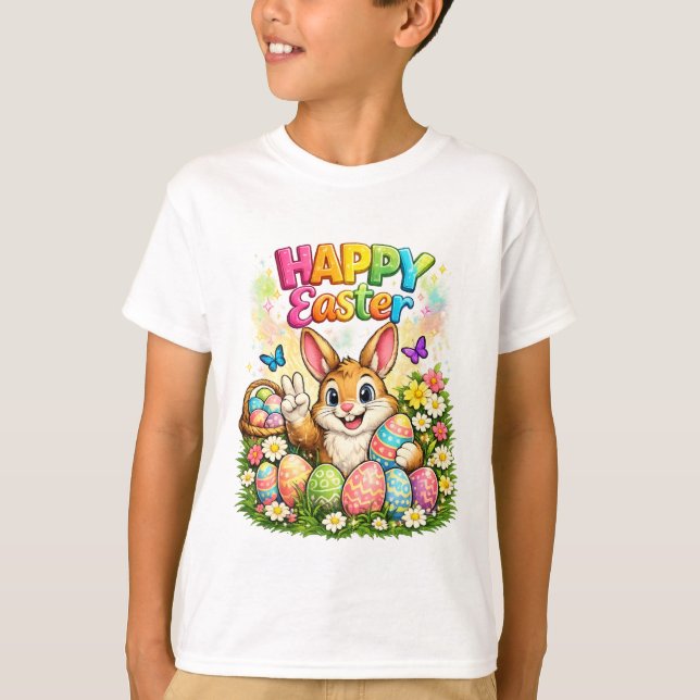 Cute Happy Easter Bunny Peace Sign Graphic T-Shirt (Devant)