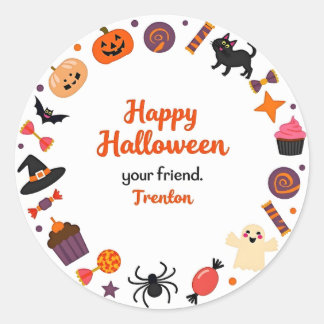 Cute Happy Halloween Sticker with Candy and Ghost