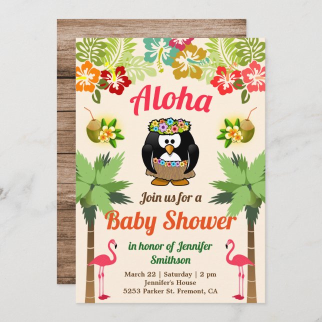 Cute Hawaiian Penguin Luau Baby shower Invitation (Devant / Derrière)