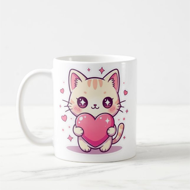 Cute Heart Kitten Mug - Aesthetic Pastel Cat Coffe (Gauche)