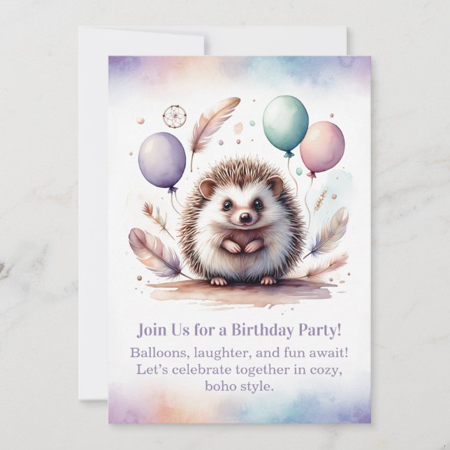 Cute Hedgehog Birthday Invitation – Woodland Boho  (Devant)