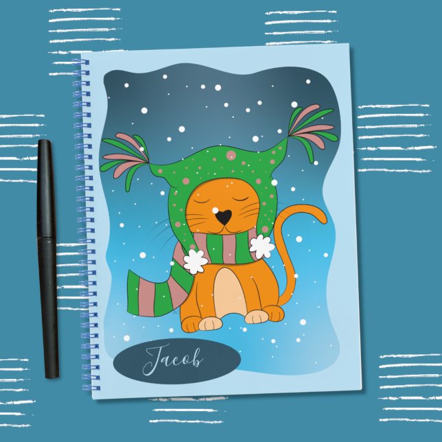 Cute Hiver Ginger Cat Kid Carnet personnalisé (Cute ginger cat in the snow kid personalized notebook .)