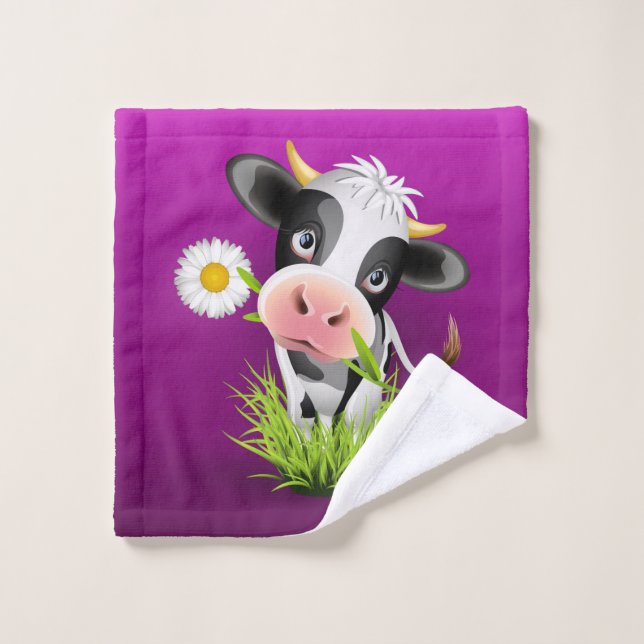 Cute Holstein cow in grass over purple (Gant de toilette)