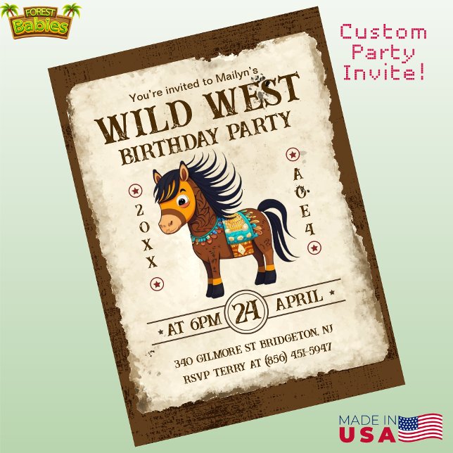 Cute Horse Wild West Pony Invitation fête d'annive (Cute Personalizable Wild West Pony Birthday Party Invitation, Customizable Western Horse Invite 🐎)