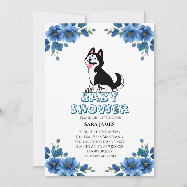  Cute Husky Dog Floral Baby Shower Invitation (Devant)