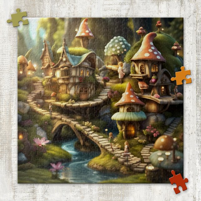 Cute Imaginaire Gnome Mushroom Fairy Tale Puzzle (Puzzle featuring a painting of a fantasy landscape with cute mushroom houses, fairies and gnomes)