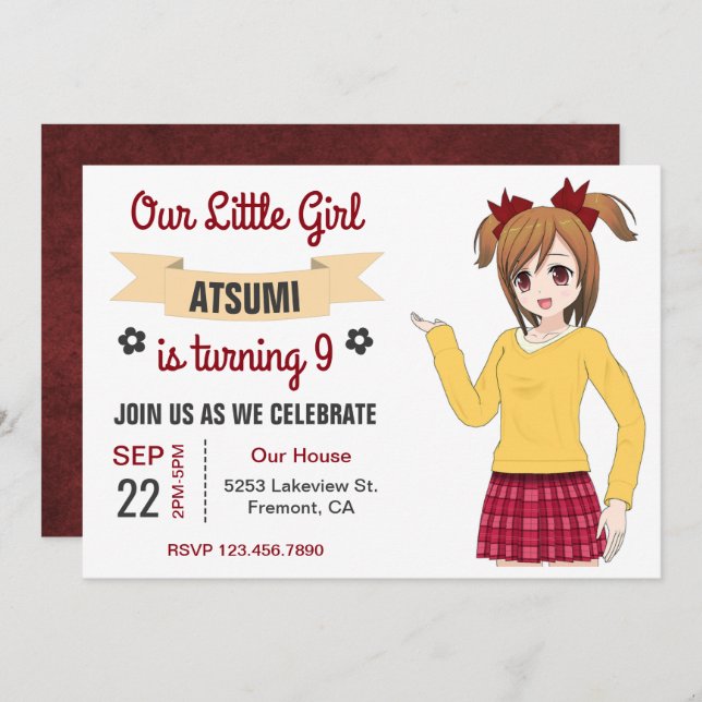 Cute Japonaise Anime Girl Anniversaire Invitation (Devant / Derrière)