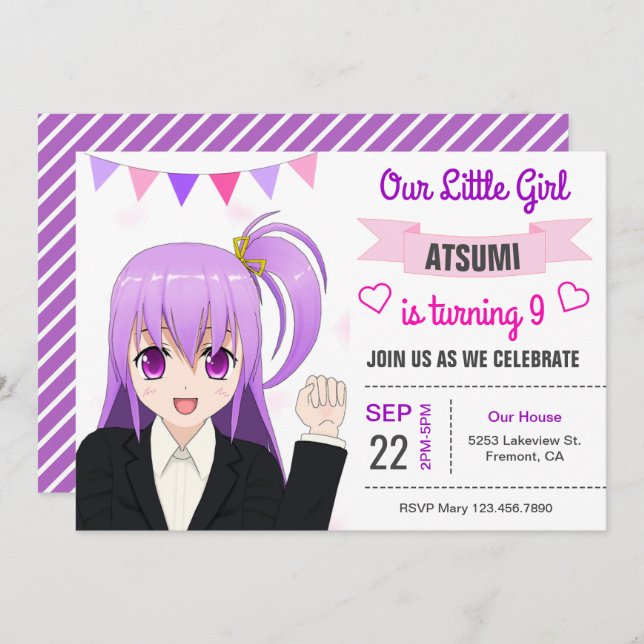 Cute Japonaise Anime Girl Anniversaire Invitation (Devant / Derrière)