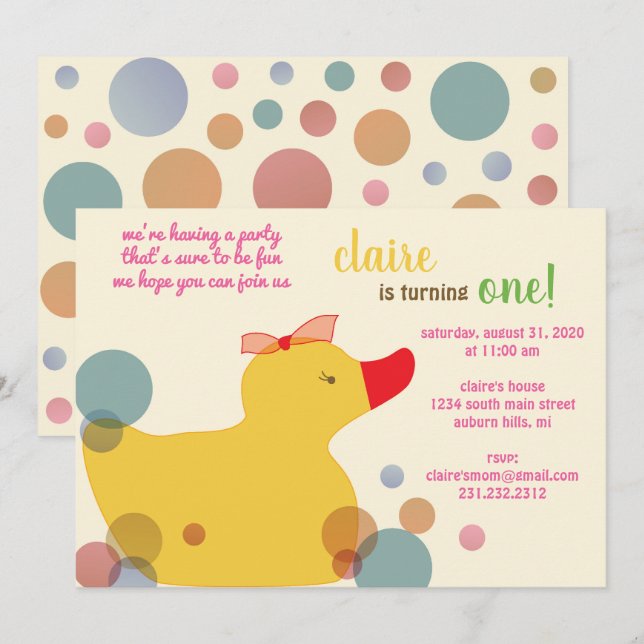Cute Jaune Canard Anniversaire Fête Invitation (Devant / Derrière)