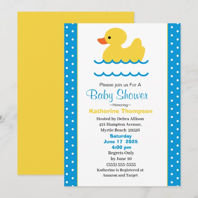 Cute Jaune Ducky Boys Baby shower Invitation (Devant / Derrière)