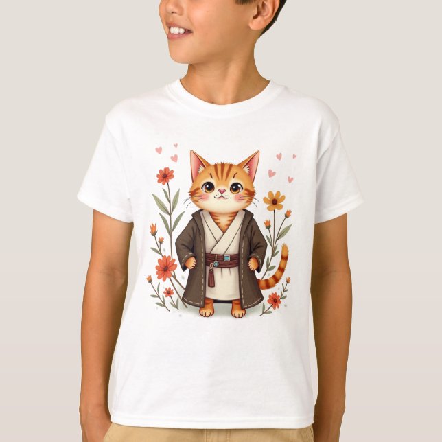 Cute Jedi Chat T-Shirt - Floral Space Warrior Kitt (Devant)