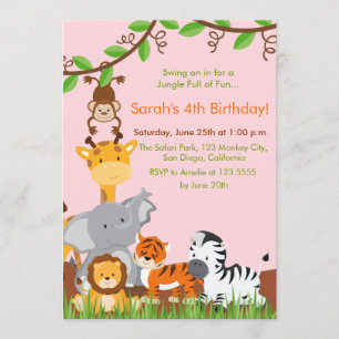 Cute Jungle Animaux Fille Anniversaire Invitation