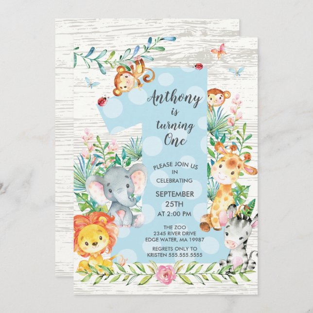Cute Jungle Big One Boys Invitation Anniversaire (Devant / Derrière)