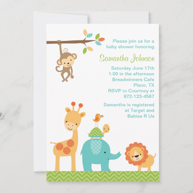 Cute Jungle Safari Animaux Baby shower Invitation (Devant)