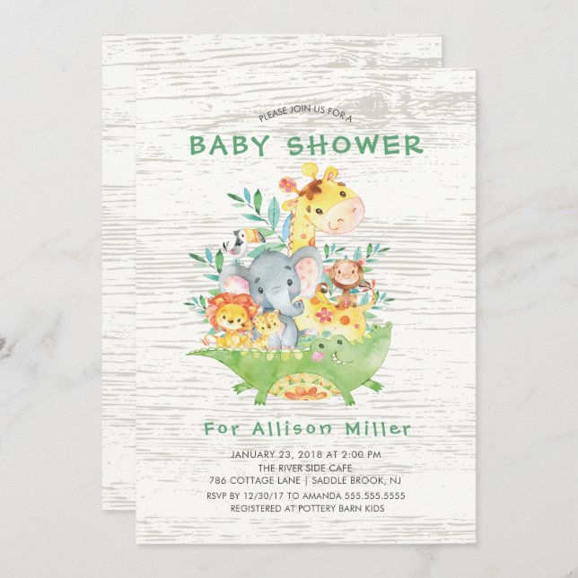 Cute Jungle Safari Animaux Bébé Douche Invitations (Devant / Derrière)