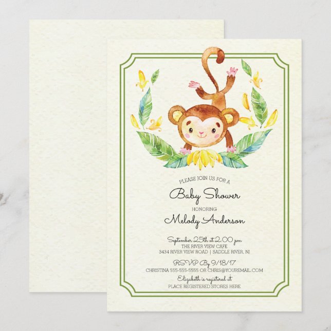 Cute Jungle Singe Neutre Baby shower Invitation (Devant / Derrière)