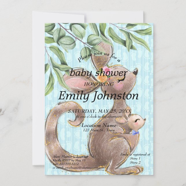 Cute Kangaroo et Joey Blue Baby shower Invitation (Devant)