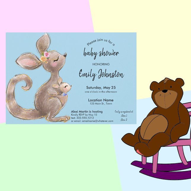 Cute Kangaroo et Joey Blue Baby shower Invitation (Créateur téléchargé)