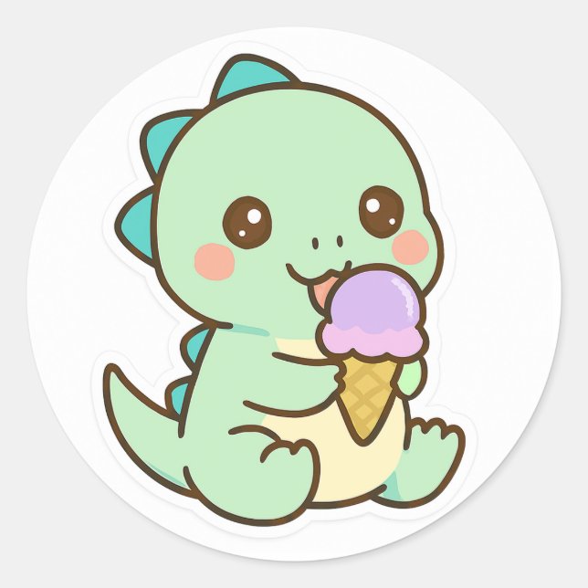 Cute Kawaii Baby Dinosaur Eating Ice Cream Sticker (Devant)