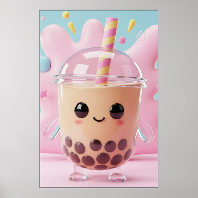 Cute Kawaii Bubble Tea Character Poster (Devant)
