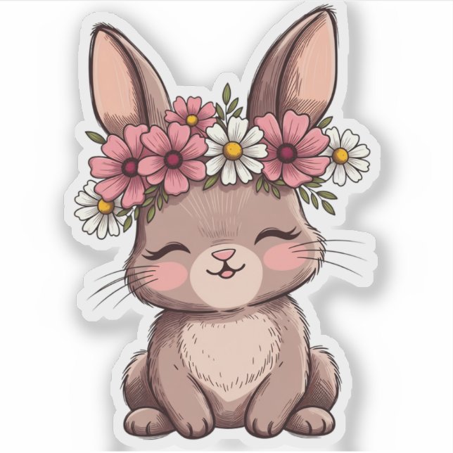 Cute Kawaii Bunny With Pink Flower Crown Sticker - (Devant)