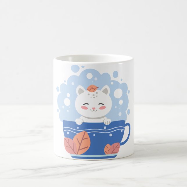 Cute Kawaii Cat in a Blue Teacup Coffee Mug (Centre)