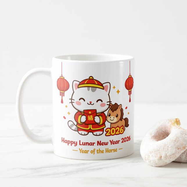 Cute Kawaii Cat Lunar New Year 2026 Mug (Avec donut)
