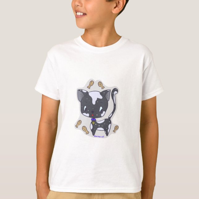 Cute Kawaii Chat noir avec poisson T-shirt de garç (Devant)