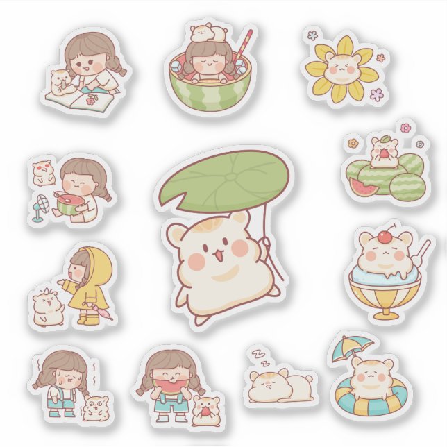 Cute Kawaii Girl and Bear Stickers (Devant)