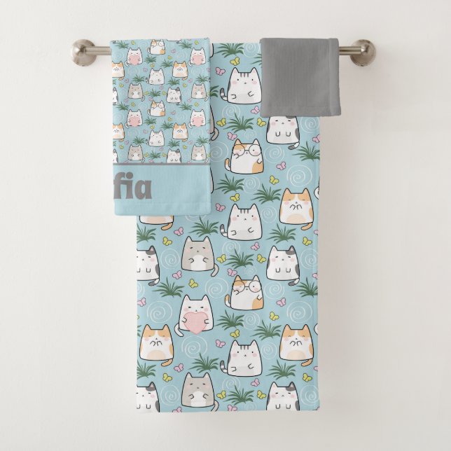 Cute kawaii kitty motif gris bleu nom (En situation)