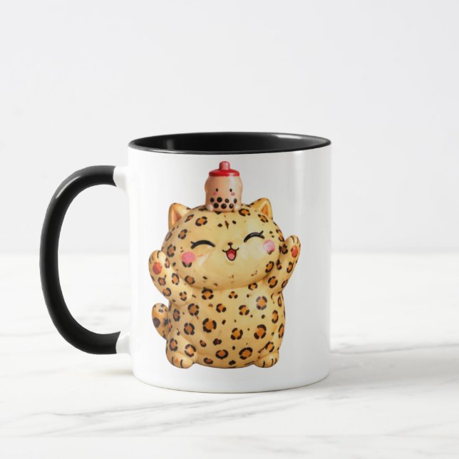 Cute Kawaii Leopard Cat with Boba Tea Mug (Gauche)