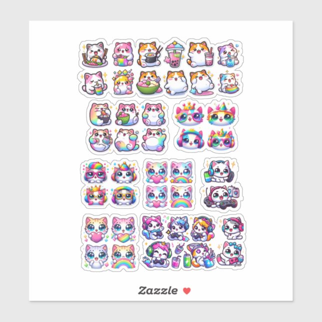 Cute Kawaii Rainbow Cat Stickers – Adorable Gamer  (Feuille)