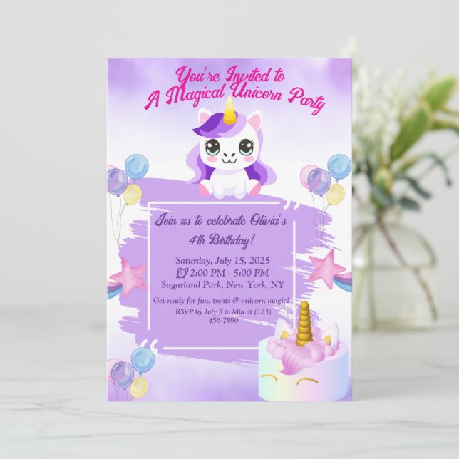 Cute Kawaii Unicorn Invitation Anniversaire (Debout devant)
