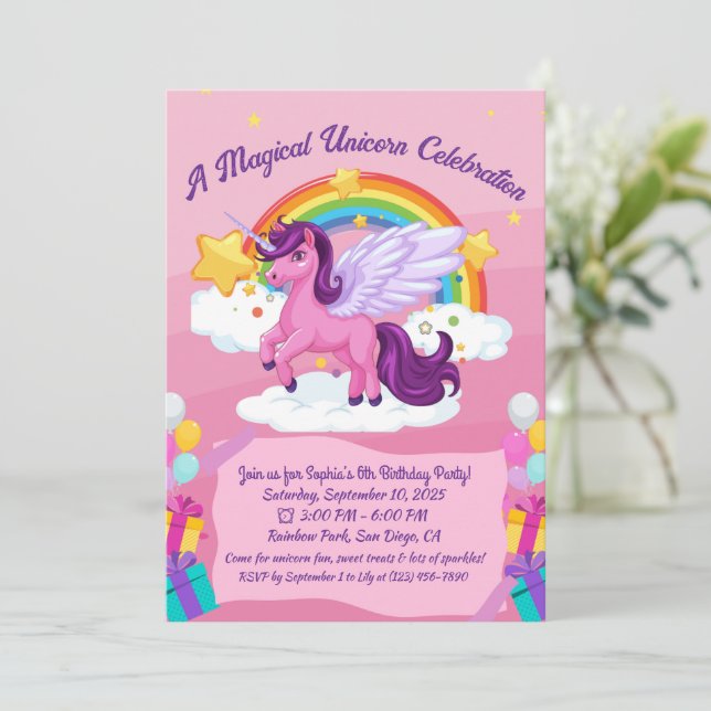 Cute Kawaii Unicorn Invitations d'anniversaire (Debout devant)