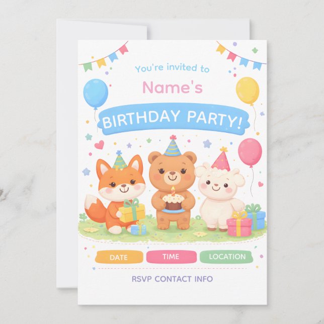 Cute Kids Birthday Invitation | Pastel Animal Birt (Devant)