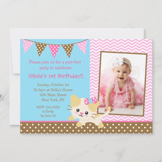 Cute Kitte Chat 1er Anniversaire Invitations (Devant)