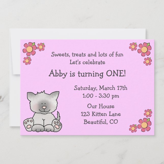 Cute Kitten 1er Anniversaire Invitation pour fille (Devant)