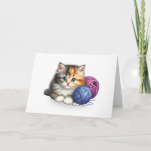 Cute Kitten avec boules de Fil blanc carte de voeu
