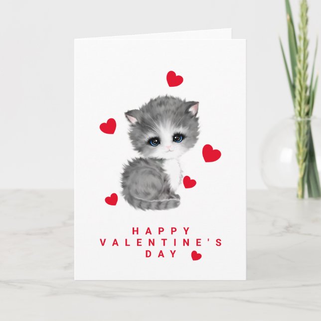 Cute Kitten Chat Coeur Saint Valentin Cartes (Devant)