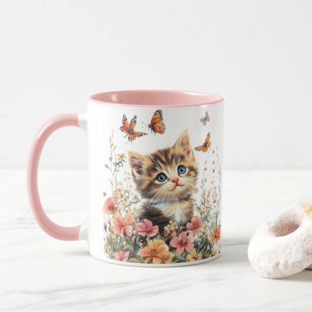 Cute Kitten en Fleurs - Adorable Chat Mug (Avec donut)