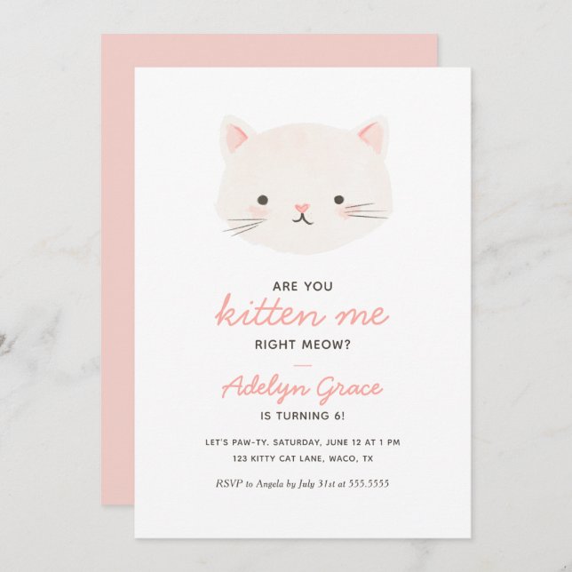 Cute Kitten Girl Anniversaire Invitation (Devant / Derrière)