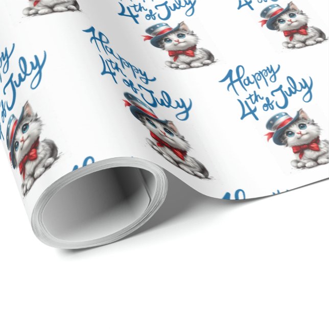 Cute Kitten Happy 4 juillet Papier Cadeau (Coin rond)