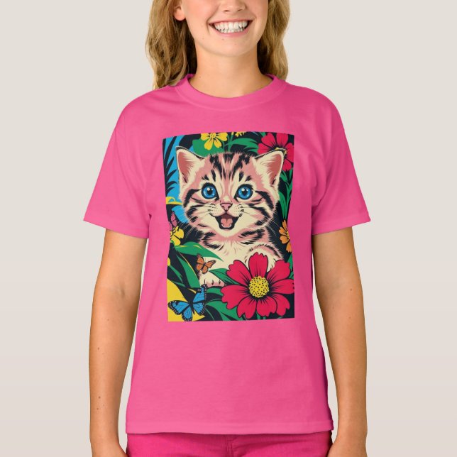 Cute Kitten in Pop Art Painting Style T-Shirt (Devant)