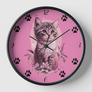 Cute Kitten Pink Mur Horloge avec Chat Noir Paw