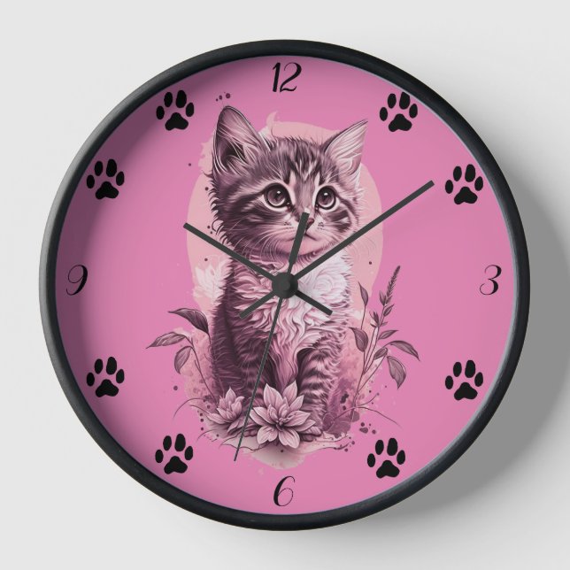 Cute Kitten Pink Mur Horloge avec Chat Noir Paw (Recto)
