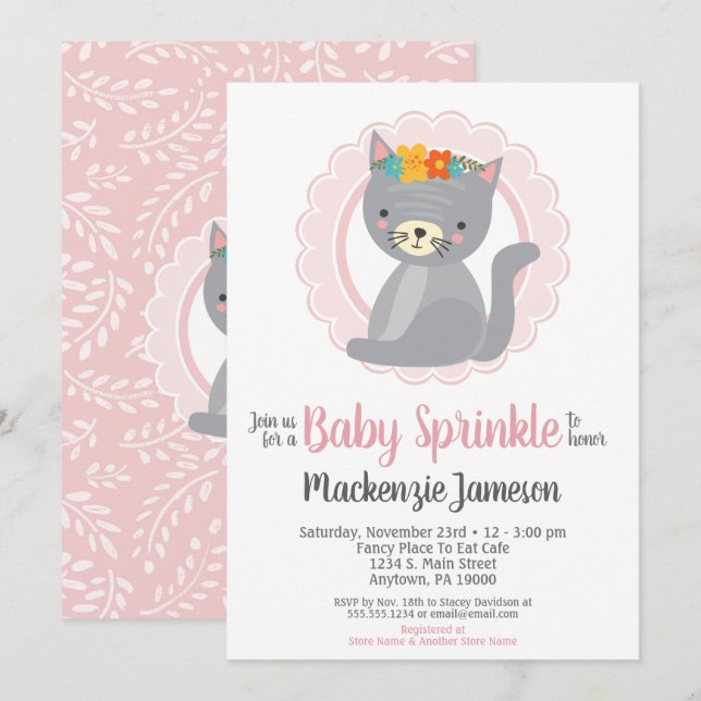 Cute Kitten Rose Girls Baby Sprinkle Invitation (Devant / Derrière)