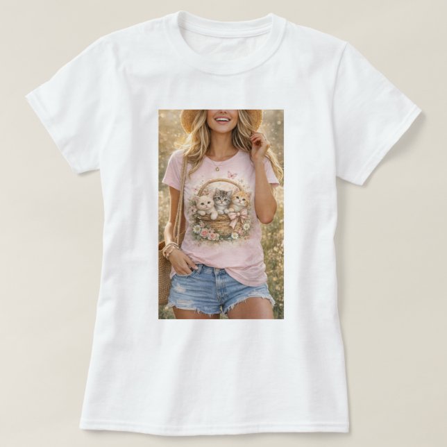 Cute Kittens Floral Graphic Girls T-Shirt (Design devant)