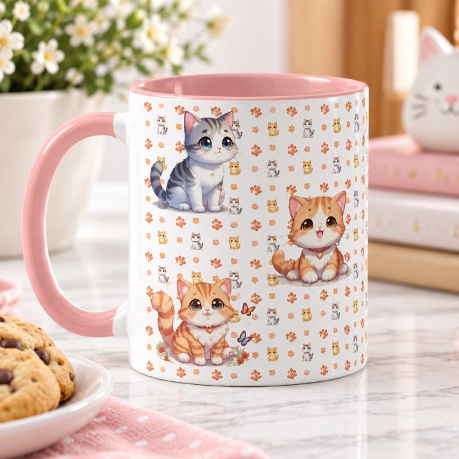 Cute Kittens & Paw Prints Pink Coffee Mug (Créateur téléchargé)