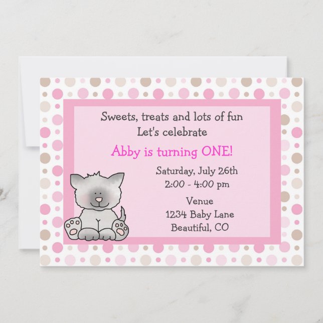 Cute Kitty Chat 1er Anniversaire Invitation pour f (Devant)