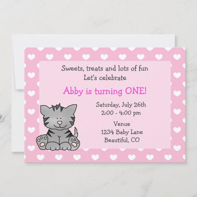 Cute Kitty Chat 1er Anniversaire Invitation pour f (Devant)